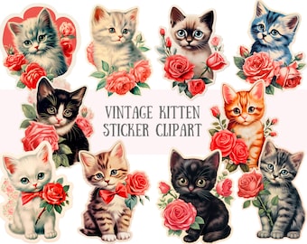 May include: Vintage sticker clipart featuring ten adorable kittens with pink roses. The kittens are in various poses and have different colored fur. The text "Vintage Kitten Sticker Clipart" is at the bottom of the image.
