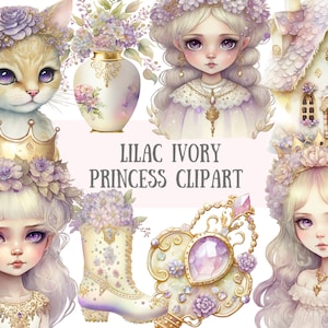 Acuarela Lila Marfil Princesa Clipart - Royal Fantasy PNG Descargas de imágenes digitales para la fabricación de tarjetas, álbum de recortes, diario basura, artesanías de papel