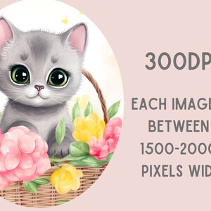 Watercolour Grey Spring Kitten Clipart Cute Floral Cat PNG Digital ...