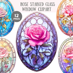 May include: Twelve stained glass window clip art images featuring roses in various colours and styles. The roses are depicted in a traditional stained glass style with intricate details and vibrant colours.