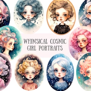 Watercolour Whimsical Cosmic Girl Clipart Galaxy Space Girl PNG Digital Image Downloads for Card Making Scrapbook Junk Journal Paper Craft