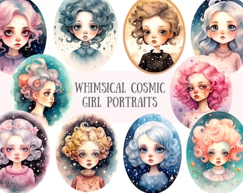 May include: Nine whimsical illustrations of girls with colorful hair and starry backgrounds. Each girl is depicted with a unique hairstyle and expression, creating a charming and imaginative collection.