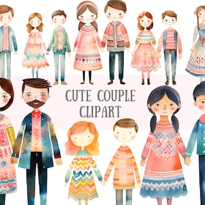 Acquerello Cute Couples Clipart Paper Doll Couples PNG Download di immagini digitali per la realizzazione di cartoline Scrapbook Junk Journal Paper Crafts