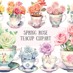 Acquerello Spring Rose Teacup Clipart Tea Time PNG Download di immagini digitali per la realizzazione di cartoline Scrapbook Junk Journal Paper Crafts