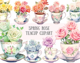 Aquarell Frühling Rose Teetasse Clipart Tea Time PNG digitale Bild-Downloads für die Kartenherstellung Scrapbook Junk Journal Papierhandwerk