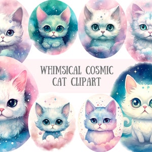 Aquarelle lunatique chats cosmiques Clipart Kawaii chat PNG Image numérique à télécharger pour la fabrication de cartes Scrapbook Junk Journal travaux manuels en papier