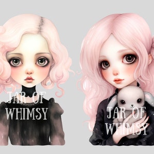 May include: Two illustrations of girls with pink hair and black dresses. The girl on the left has a serious expression. The girl on the right is holding a white stuffed bunny. Both illustrations have the text "JAR OF WHIMSY" on them.