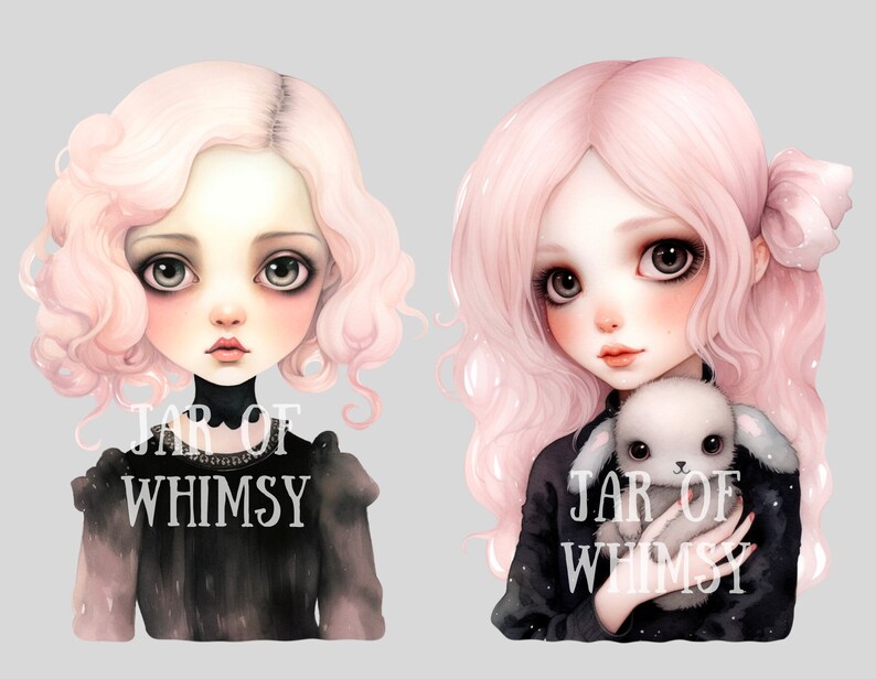 May include: Two illustrations of girls with pink hair and black dresses. The girl on the left has a serious expression. The girl on the right is holding a white stuffed bunny. Both illustrations have the text "JAR OF WHIMSY" on them.