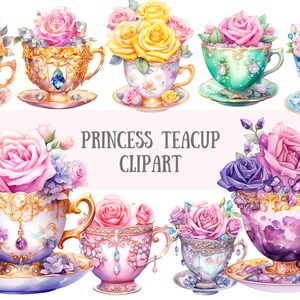 Aquarel prinses theekopje clipart Tea Time Tea Party png Digitale afbeeldingsdownloads voor kaarten maken Scrapbook Junk Journal Paper Crafts