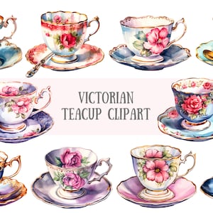Acquerello vittoriano Teacup Clipart Vintage Tea Party PNG Download di immagini digitali per la creazione di cartoline Scrapbook Junk Journal Paper Crafts