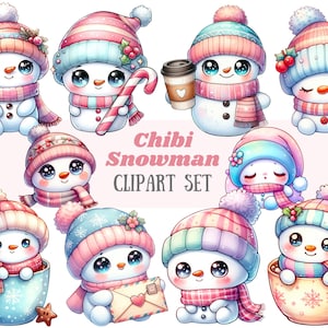 Aquarela Chibi Boneco de Neve Clipart Bonito Natal Bonecos de Neve PNG Imagem Digital Download para Cartão Fazendo Scrapbook Junk Journal Papel Artesanal