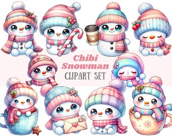 Może przedstawiać: Zestaw dziesięciu cyfrowych obrazów clipart przedstawiających uroczych, kreskówkowych bałwanów w różnych pozach. Bałwany noszą kolorowe czapki, szaliki i rękawiczki. Niektórzy trzymają kubek gorącej czekolady, laskę cukrową lub list. Tekst "Chibi Snowman Clipart Set" jest wyświetlany w środku obrazu.