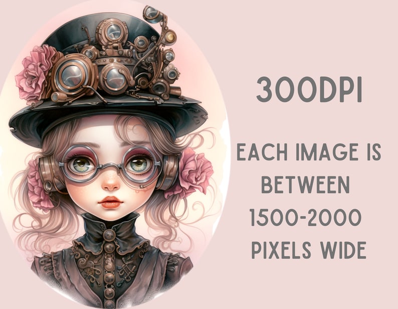 Watercolour Whimsical Steampunk Girl Clipart Gothic Fashion PNG Digital Image Downloads for Card Making Scrapbook Junk Journal Paper Craft image 3