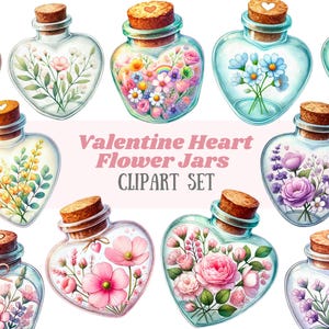 Clipart de jarra de flores em formato de coração para dia dos namorados em aquarela, jarra romântica em formato PNG para download de imagens digitais para fazer cartões, scrapbook e diário de sucata