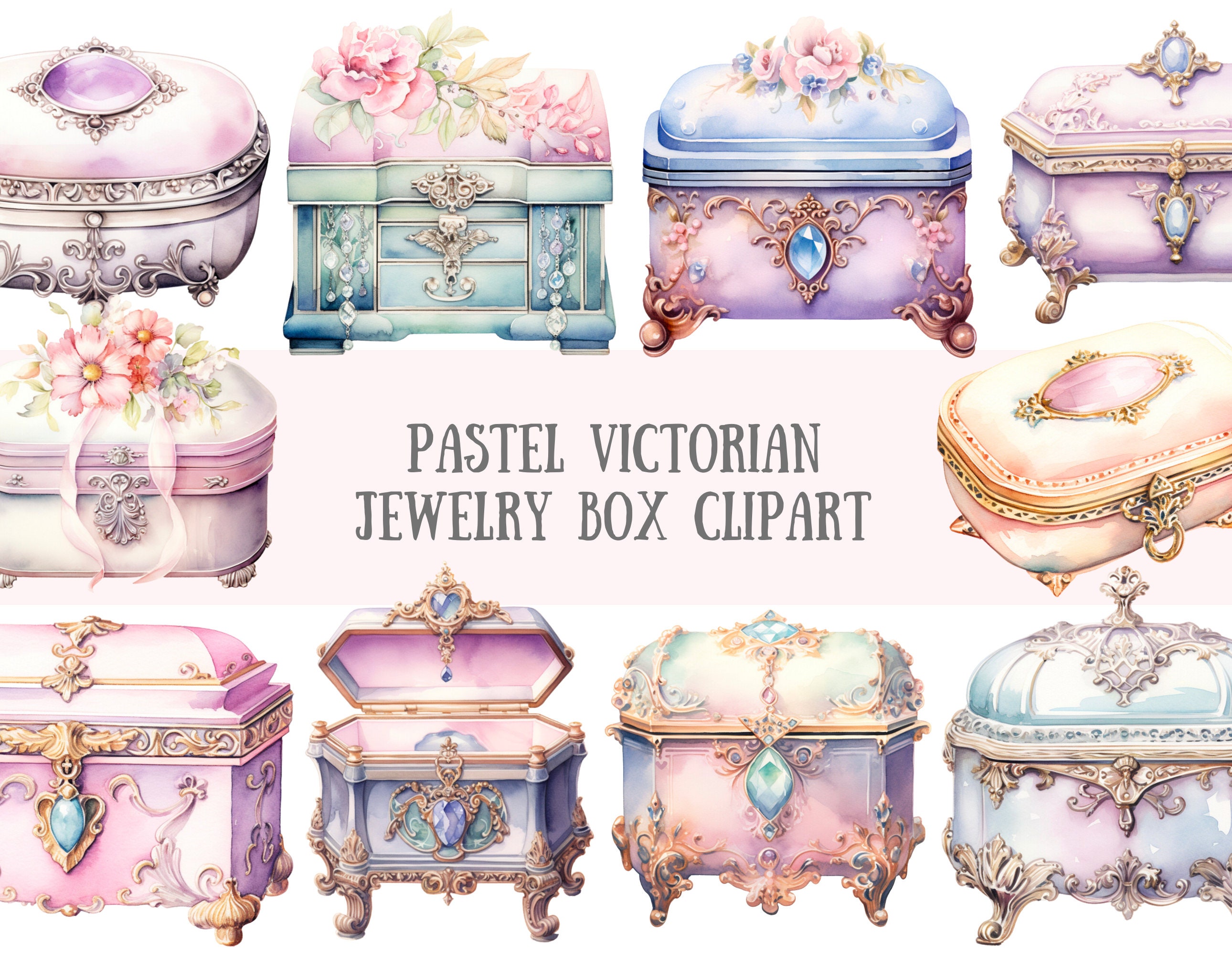 Watercolour Pastel Victorian Jewelry Box Clipart Trinket Box PNG