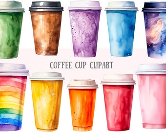 Taza de café de acuarela Clipart lindo café para llevar para llevar PNG Descargas de imágenes digitales para hacer tarjetas Scrapbook Junk Journal Paper Crafts
