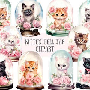 Aquarell Shabby Chic Kätzchen Glocke Glas Clipart Kawaii Katze PNG digitale Bild-Downloads für die Kartenherstellung Scrapbook Junk Journal Papierhandwerk