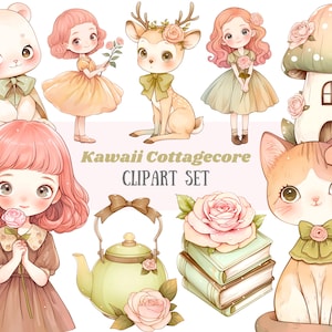 Aquarell Cottagecore Clipart Kawaii Cute Cottage Core Mädchen PNG Digitalbild Download für Kartenherstellung Scrapbook Junk Journal Papierhandwerk