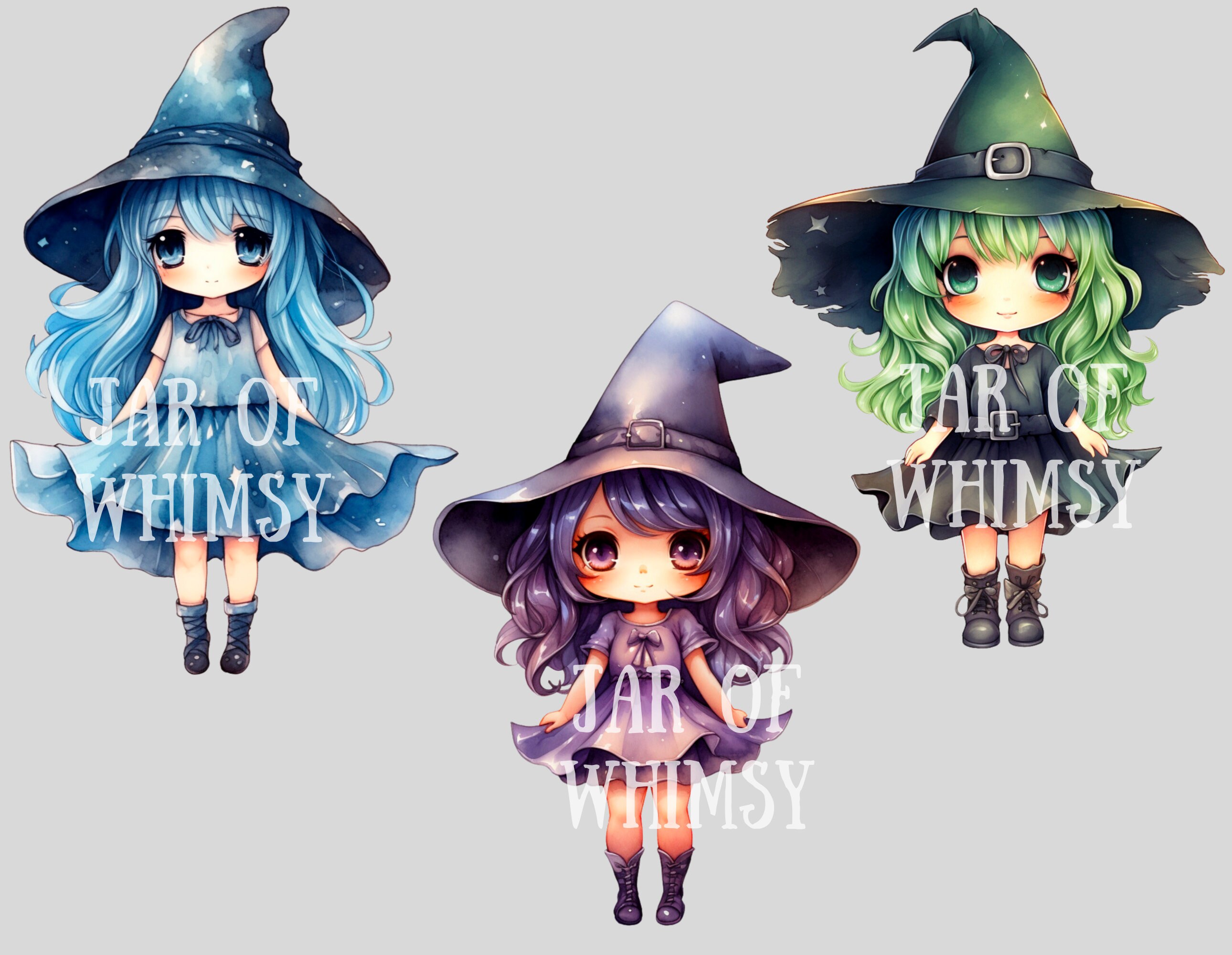 Watercolour Chibi Witch Girl Clipart Kawaii Anime Halloween PNG Digital ...