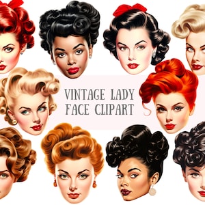 Acuarela Vintage Lady Face Clipart Retro Rockabilly Girl PNG Descargas de imágenes digitales para hacer tarjetas Scrapbook Junk Journal Paper Crafts