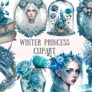 Watercolour Winter Princess Clipart - Ice Fantasy PNG Digital Image Downloads for Card Making, Scrapbook, Junk Journal, Crafts