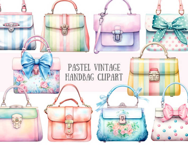 May include: A set of ten pastel-colored vintage handbag illustrations. The handbags are decorated with floral patterns, stripes, polka dots, and bows. The text "Pastel Vintage Handbag Clipart" is displayed in the center of the image.