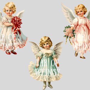 Pode incluir: Tr&ecirc;s ilustra&ccedil;&otilde;es vintage de anjos com asas. Os anjos usam vestidos brancos, rosa e azuis. O anjo &agrave; esquerda est&aacute; segurando um la&ccedil;o vermelho, o anjo do meio est&aacute; segurando um buqu&ecirc; de flores e o anjo &agrave; direita est&aacute; segurando uma flor.