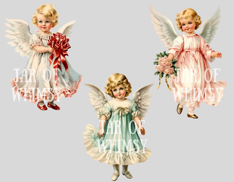 Pode incluir: Tr&ecirc;s ilustra&ccedil;&otilde;es vintage de anjos com asas. Os anjos usam vestidos brancos, rosa e azuis. O anjo &agrave; esquerda est&aacute; segurando um la&ccedil;o vermelho, o anjo do meio est&aacute; segurando um buqu&ecirc; de flores e o anjo &agrave; direita est&aacute; segurando uma flor.
