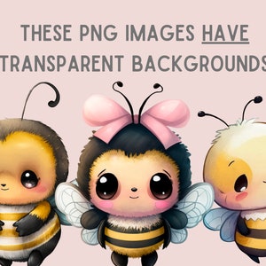 Pu&ograve; includere: Tre adorabili api dei cartoni animati con grandi occhi e ali. Le api sono gialle, nere e bianche, una con un fiocco rosa. Il testo in alto recita "THESE PNG IMAGES HAVE TRANSPARENT BACKGROUNDS."