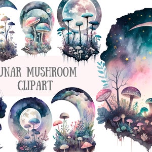 Funghi lunari dell'acquerello Clipart Funghi cosmici PNG Download di immagini digitali per la realizzazione di cartoline Scrapbook Junk Journal Mestieri di carta