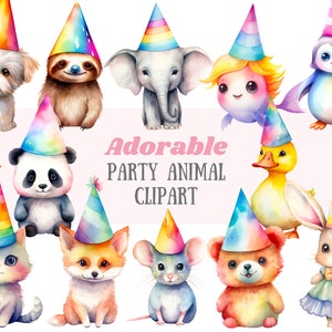 Aquarela festa animal clipart bonito arco-íris festa de aniversário PNG download de imagem digital para fazer cartões scrapbook lixo diário artesanato de papel