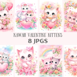 Aquarelle Kawaii Valentine chaton Clipart amour chat Couples JPG image numérique à télécharger pour la fabrication de cartes Scrapbook Junk Journal travaux manuels en papier