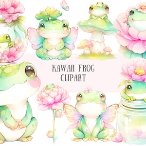 Acquerello Kawaii rana Clipart Super carino Chibi rana Lily Pad PNG Scarica immagine digitale per la creazione di carte Scrapbook Junk Journal Paper Craft