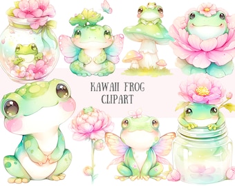 Watercolour Kawaii Frog Clipart Super Cute Chibi Frog Lily Pad PNG Digital Image Download for Card Making Scrapbook Junk Journal Paper Craft