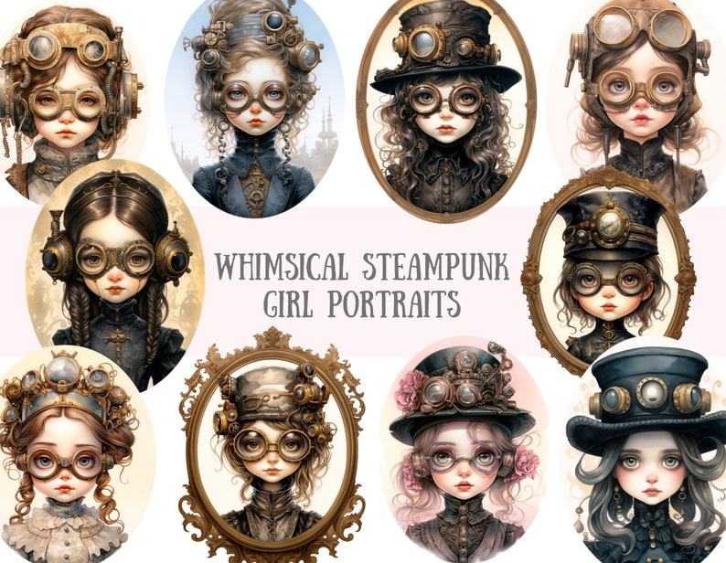 Watercolour Whimsical Steampunk Girl Clipart Gothic Fashion PNG Digital Image Downloads for Card Making Scrapbook Junk Journal Paper Craft image 1