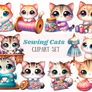 Aquarelle couture chat Clipart mignon couturière chat couture PNG image numérique téléchargements pour la fabrication de cartes scrapbooking journal indésirable papier artisanat