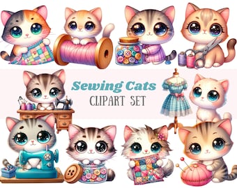 May include: A set of 10 digital clipart images featuring cute cartoon cats sewing. The cats are holding sewing supplies like spools of thread, buttons, needles, and fabric. The text "Sewing Cats CLIPART SET" is included in the image.