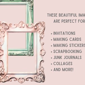 May include: Two ornate picture frames, one green and one pink, with intricate details. The frames are empty and ready for your favorite photos or artwork.