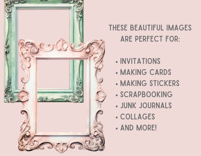 May include: Two ornate picture frames, one green and one pink, with intricate details. The frames are empty and ready for your favorite photos or artwork.
