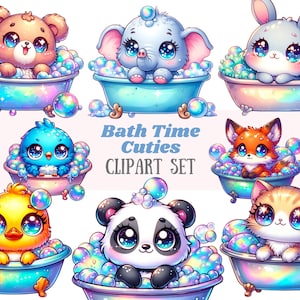 Clipart di animali da bagno con acquerello, bolle iridescenti, PNG, download di immagini digitali per la creazione di biglietti, album di ritagli, diari di carta, artigianato