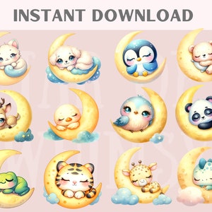 Watercolour Sleepy Moon Animal Clipart Nursery Baby Animal PNG Digital ...