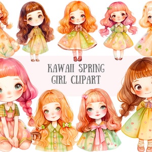 Aquarell Kawaii Frühling Mädchen Clipart Süß Chibi Anime Mädchen PNG digitale Bild-Downloads für die Kartenherstellung Scrapbook Junk Journal Papierhandwerk
