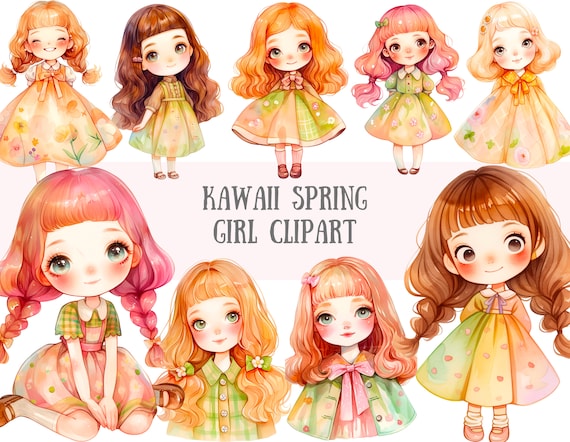 Watercolour Kawaii Spring Girl Clipart Cute Chibi Anime Girl PNG Digital Image Downloads for Card Making Scrapbook Junk Journal Paper Crafts