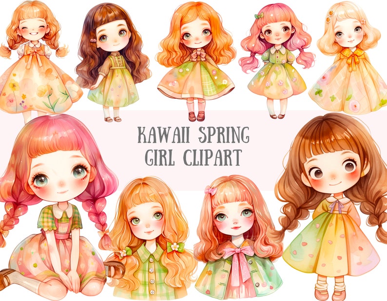 Akvarell Kawaii Spring Girl Clipart Söt Chibi Anime Girl PNG Digitala Bildnedladdningar för Korttillverkning Scrapbook Junk Journal Papperspyssel bild 1