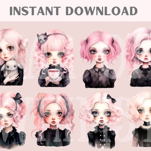 May include: Eight digital illustrations of cute girls with pink hair and black clothing. Each girl has a different expression and is holding a different object, such as a bunny, a teacup, or a cat.