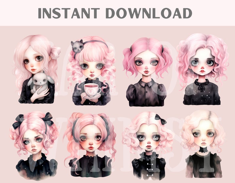 May include: Eight digital illustrations of cute girls with pink hair and black clothing. Each girl has a different expression and is holding a different object, such as a bunny, a teacup, or a cat.