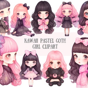 Aquarela Kawaii Pastel Goth Girl Clipart Cute Chibi Girl Downloads de imagens digitais PNG para fazer cartões Scrapbook Junk Journal Paper Crafts