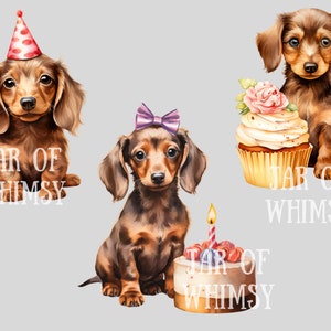 May include: Three watercolor illustrations of dachshund dogs. One dog is wearing a red and white party hat. Another dog is wearing a purple bow. The third dog is sitting next to a cupcake with a lit candle. All three images have the text "Jar of Whimsy" underneath.
