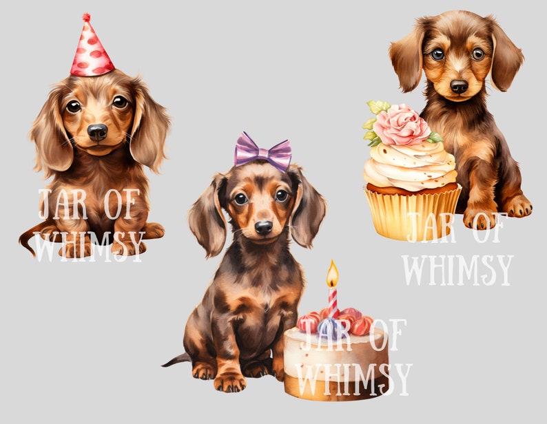 May include: Three watercolor illustrations of dachshund dogs. One dog is wearing a red and white party hat. Another dog is wearing a purple bow. The third dog is sitting next to a cupcake with a lit candle. All three images have the text "Jar of Whimsy" underneath.