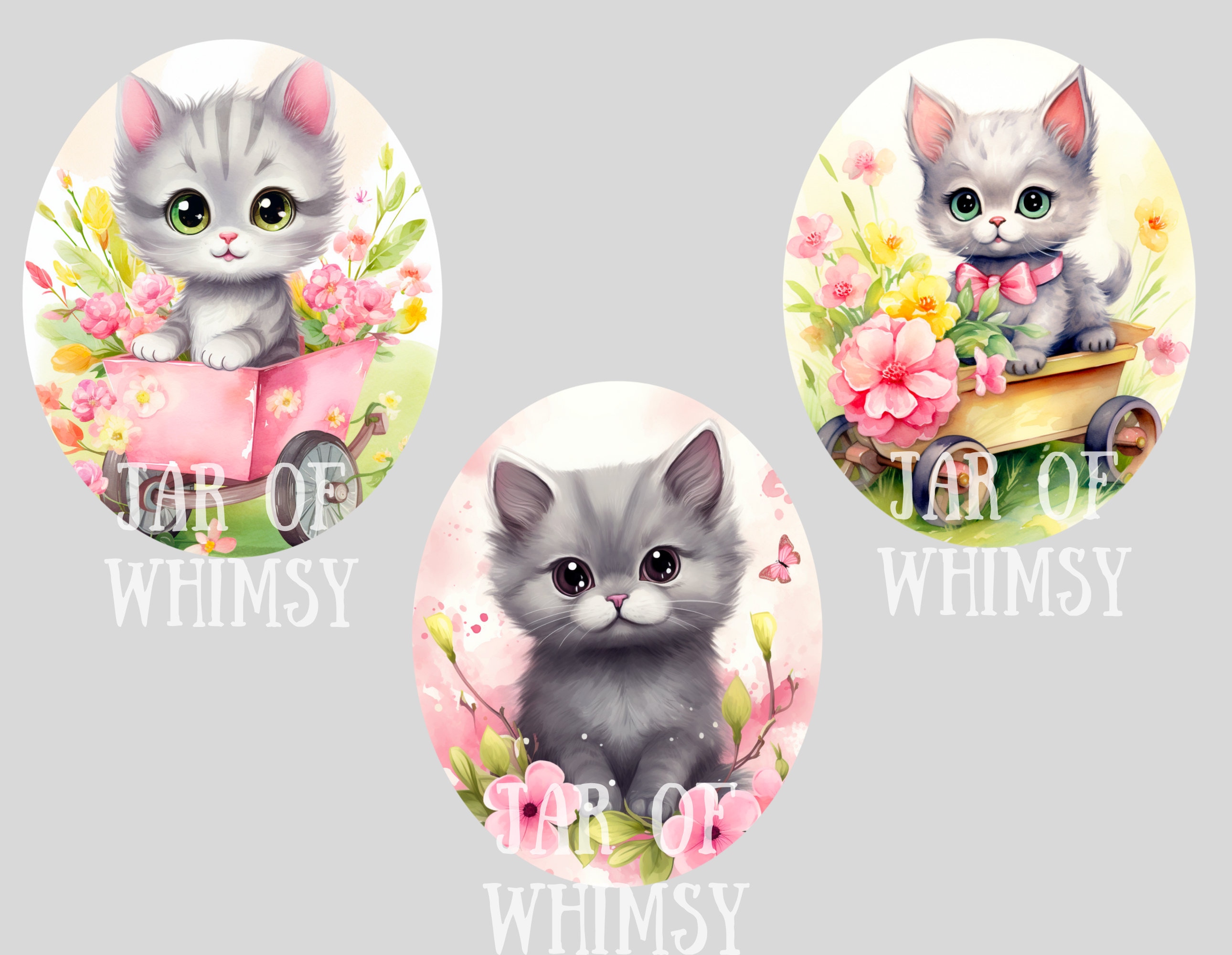 Watercolour Grey Spring Kitten Clipart Cute Floral Cat PNG Digital ...